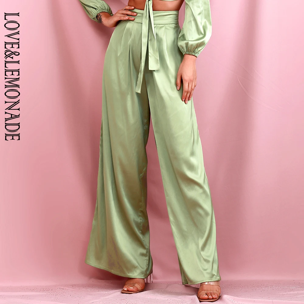 Женские свободные длинные брюки LOVE & LEMONADE зеленые с высокой талией и широкими