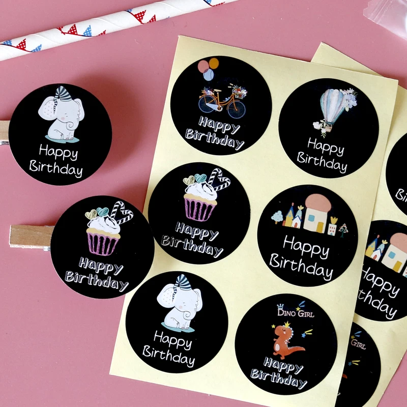 

60pcs Happy Birthday Stickers Cute Dinosaur Elephant Cartoon Round Stationery Sticker DIY Scrapbooking Envelope Sealing Labels