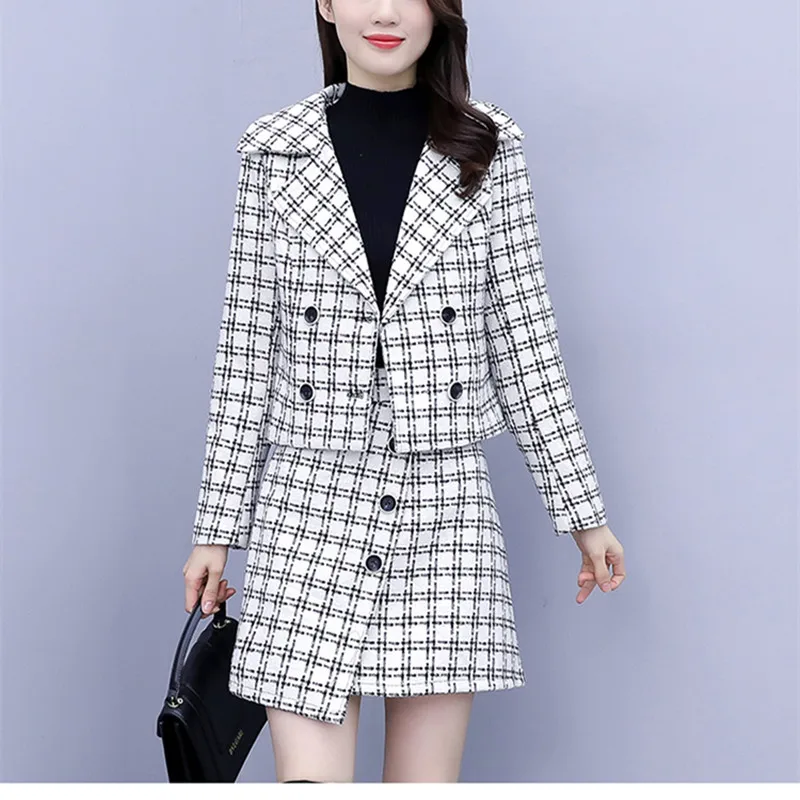 

HANZANGL Winter 2020 Lady Temperament Elegant Dress Two-piece Set Work Professional Suit Slim Bag Hip Women Sets black/white