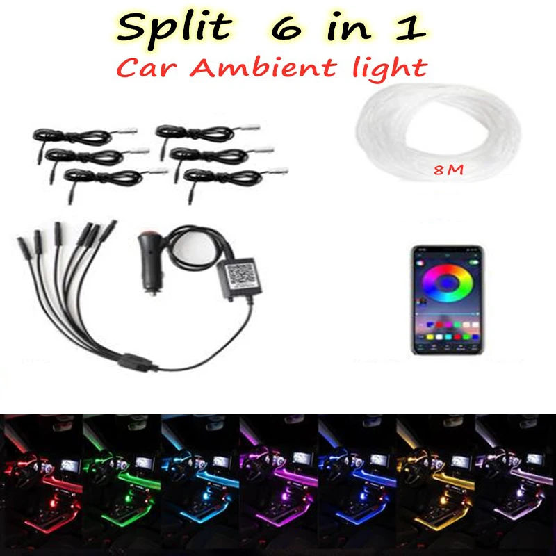

6 in 1 8m Flexible Car Atmosphere Lamps APP Sound Control RGB Mode Colorful Auto Interior Ambient Light Decorative Lamp Strips