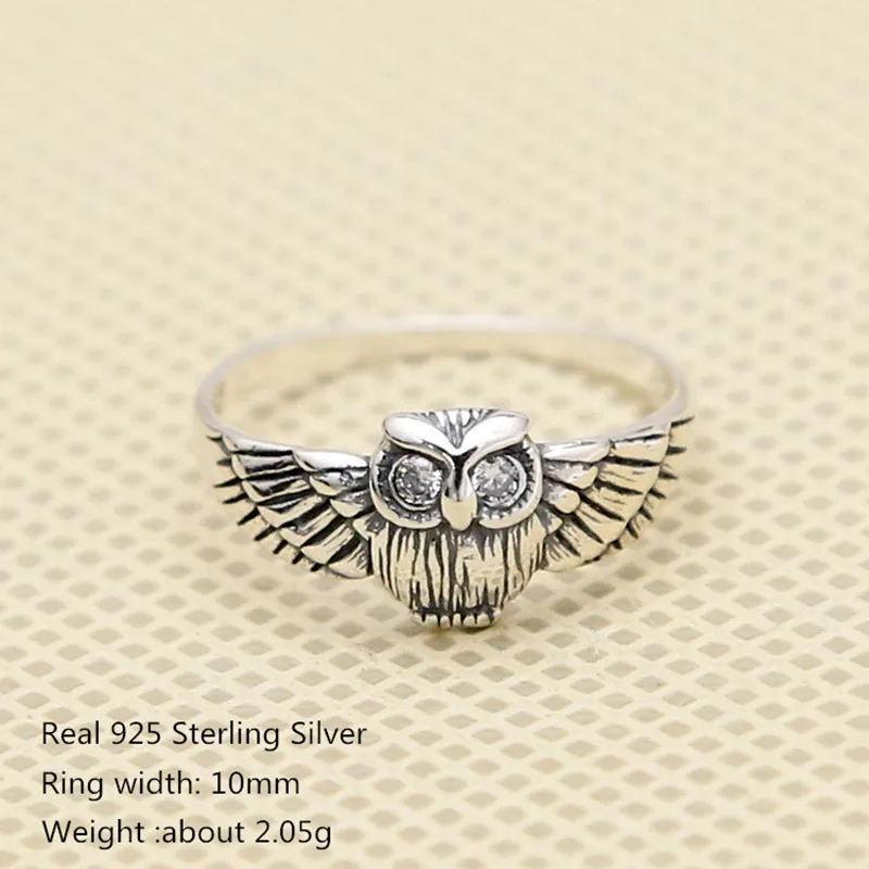 

Buyee Real 925 Sterling Silver Unique Finger Ring Vivid Beautifully Carved Owl and Zircon Eye Animal Women Men Wedding Jewelry