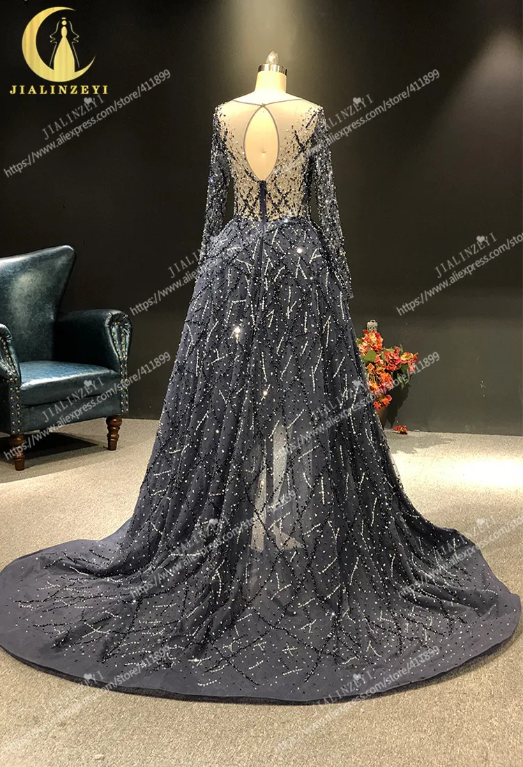 

Rhine Real Zuhair Murad Long Sleevs Navy Blue Beads vestidos de fiesta Evening Dress Long