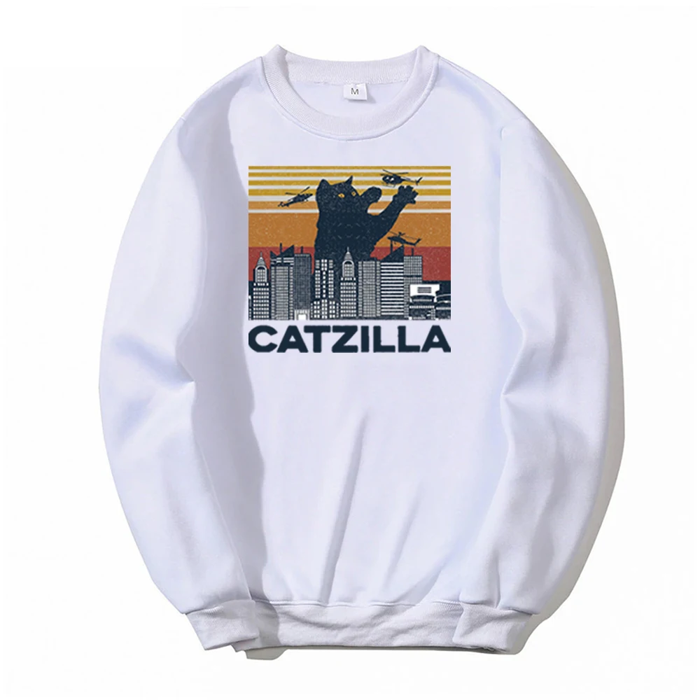 

Funny Cat Print Catzilla Cute Cats 2021 Autumn Men Fleece Thick Sweatshirt Hip Hop Crew neck Clothes Men Hip Hop Sweatshirt