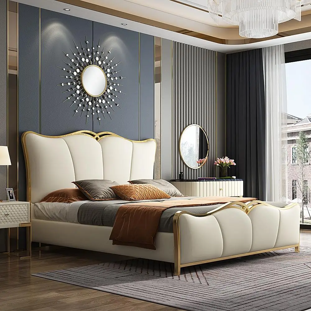 

Light luxury leather bed postmodern simple master bedroom net red Italian Bentley wedding soft bed American cowhide double bed