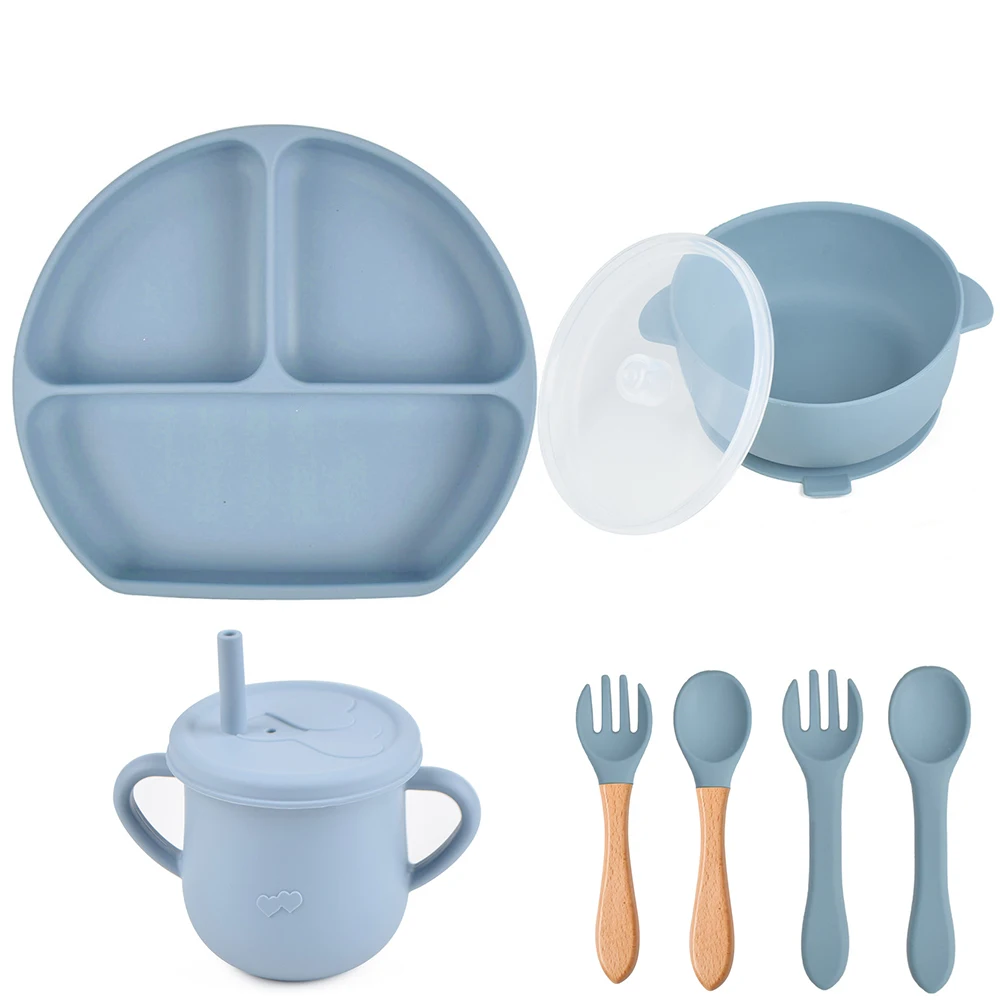 

Baby Silicone Feeding Set Sippy Cup Tableware Sets Waterproof Baby Dinner Plate Spoon Food Grade Silicone Dishes for Baby Stuff