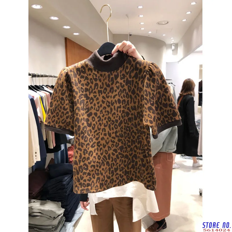 

Half Turtleneck Leopard T Shirt 2020 Spring Summer T-shirt Short Sleeve Women Top Tees Korean Slim Fit Tshirts 57381