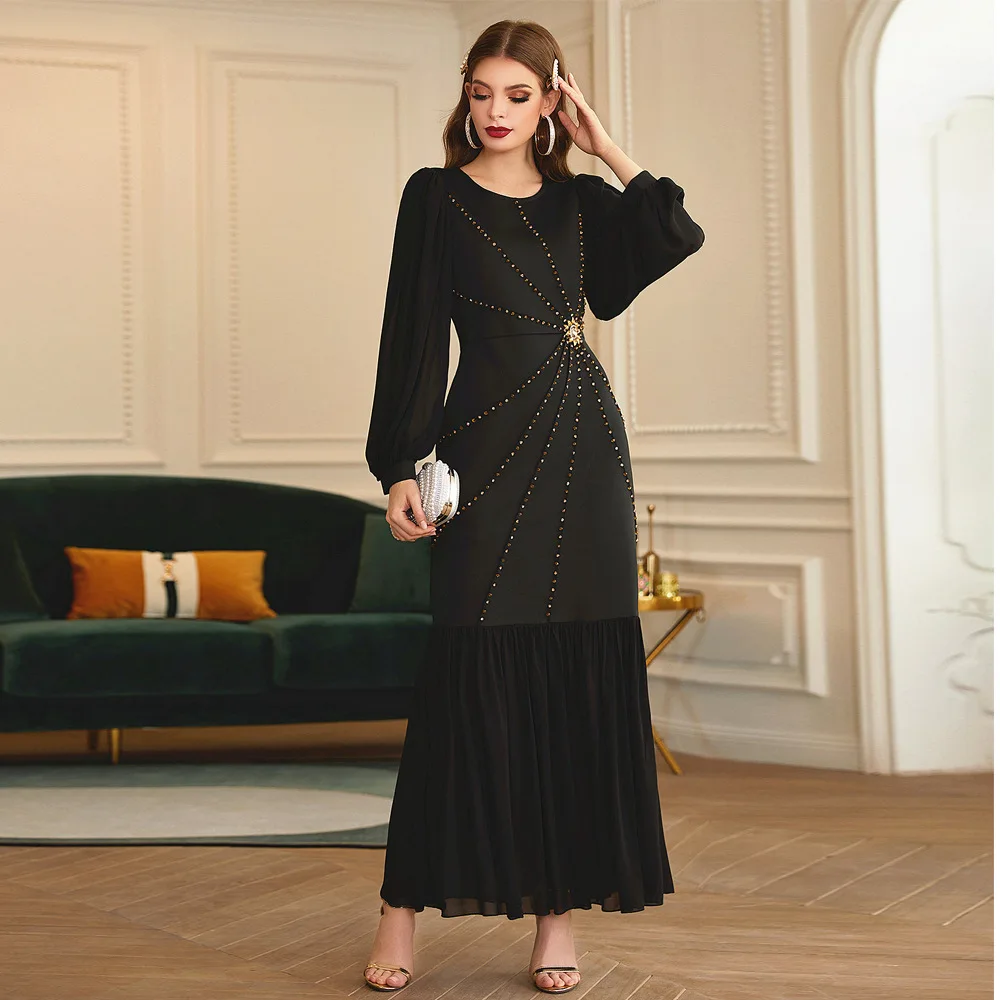 

Black Stretch Slim Fit Big Lantern Yarn Sleeve Diamond Decorations Party Dress Long Dress
