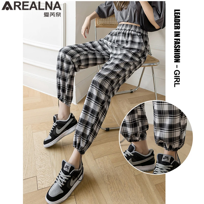 

Женские клетчатые брюки с высокой талией, женские брюки большого размера для танцев в стиле бохо, новые летние клетчатые брюки с широкими шт...