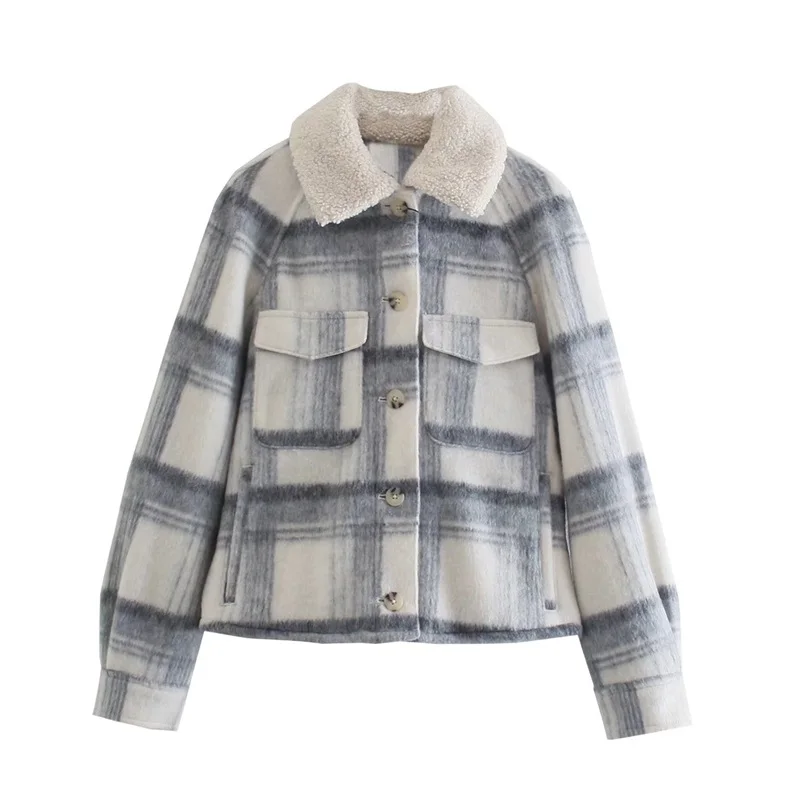 

MESTTRAF 2021 Sexy Side Pockets Buttons-Up Casual Check Shirt Coat Retro Long Sleeve Tie Faux Fur Lapel Female Outerwear