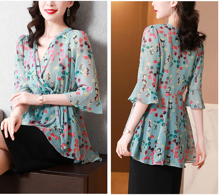 

Women's Blouse Chiffon Shirts Printed Top V-neck Shirt Fashion Blouses Leisure Tops 3/4 Sleeve Loose Houthion