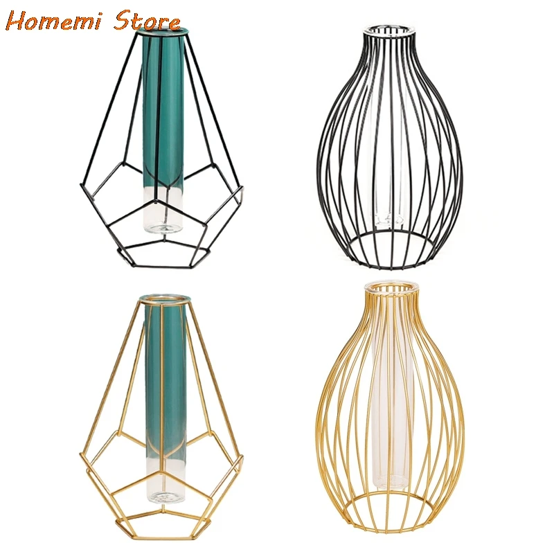 

Nordic Style Golden Glass Vase Hydroponic Flower Plant Vase Iron Vase Geometric Metal Pipe Holder Modern Plant Home Decor