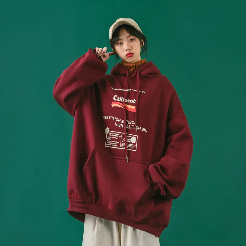 

2021 new hooded sweater women loose and versatile lovers autumn and winter plus velvet thick lazy blouse