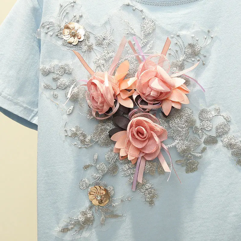 

Women Streetwear Flowers T Shirts Solid Appliques Cotton Tops Female Chic 2020 Summer Tees Short Sleeve Big Size tshirts Clothes