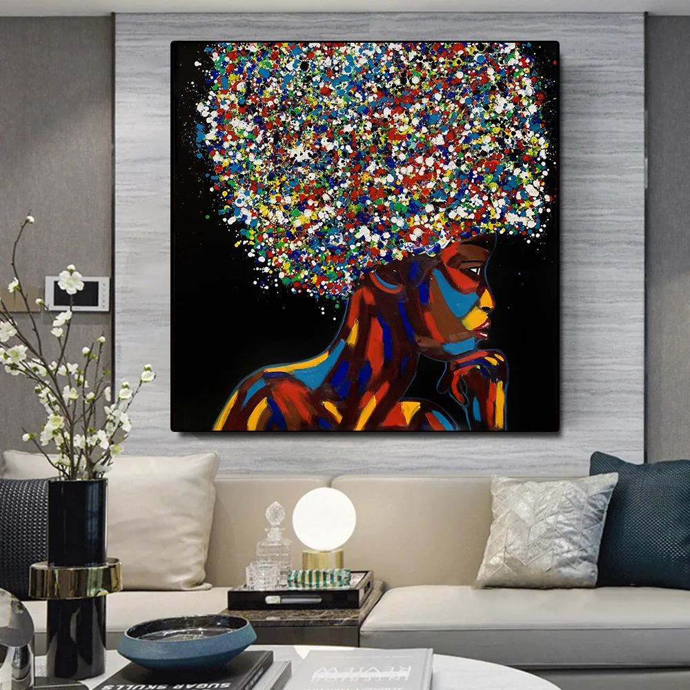 

Colored Graffiti Hair Canvas Painting Abstract Sexy African Woman Poster and Prints Wall Art Picture for Living Room Decoration