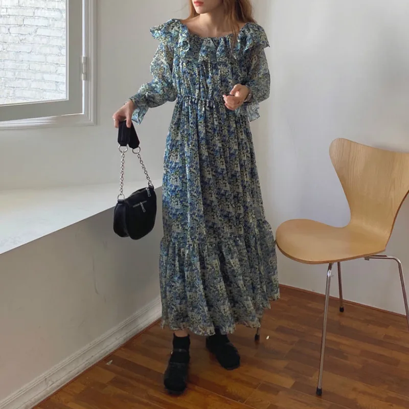 

Snordic Women Autumn Slash Neck Elastic High Waist Long Floral Dress Vintage Ruffle Hem Midi A-line Dresses
