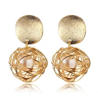 ins classic dangle earrings alloy birds nest shaped woven earrings hollow golden silk ball pearl earrings women party earrings