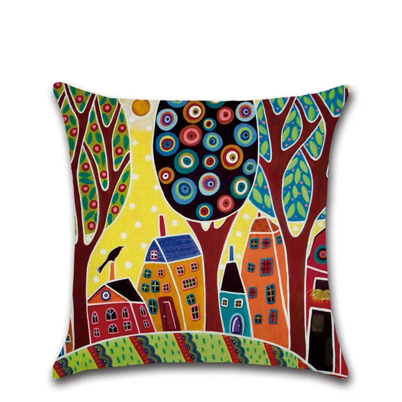 

Hand-Painted Linen Throw Pillow Case Retro Color Cities Cushion Cover 45*45cm Pillow Cover Car Home Decoration Pillowcase