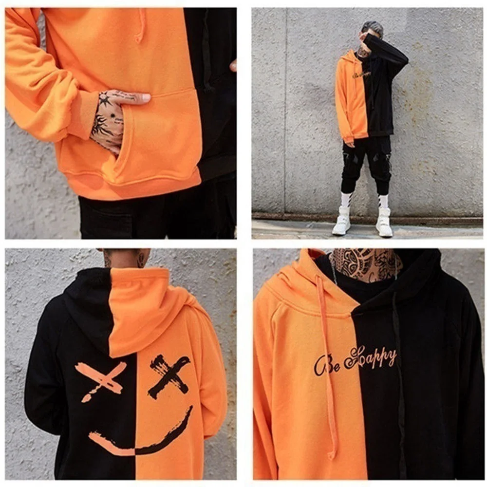 

Men Hoodies Sweatshirts Happy Smiling Face Print Headwear Hoodie Women Patchwork Hoodies Hip Hop Streetwear Hooded Pullover