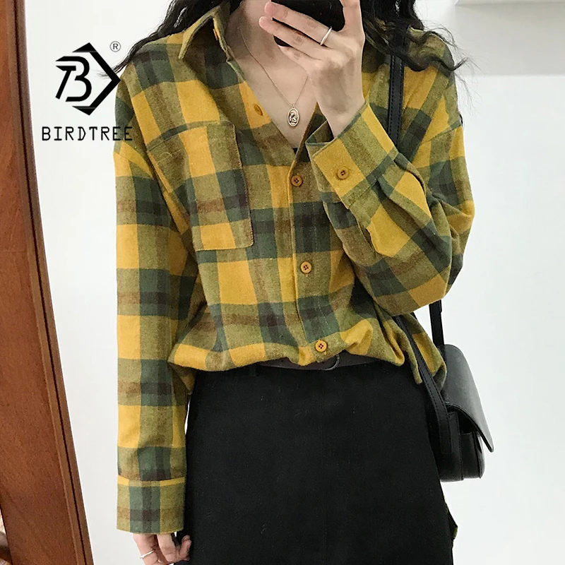 Новое поступление Женская винтажная клетчатая рубашка отложной воротник на