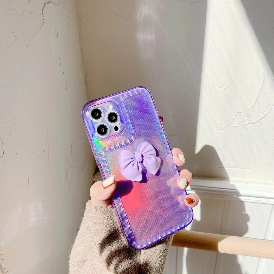 

Laser Cardboard Girl Bow Case For iPhone 1112 Pro 7 8 XR XS MAX SE 2020 Straight edge High transparent tpu Anti-fall Back Cover