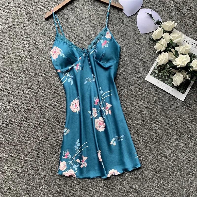 

New summer ice silk sexy halter skirt lace printed silk imitation halter skirt womens clothing night gown women sleepwear -AL