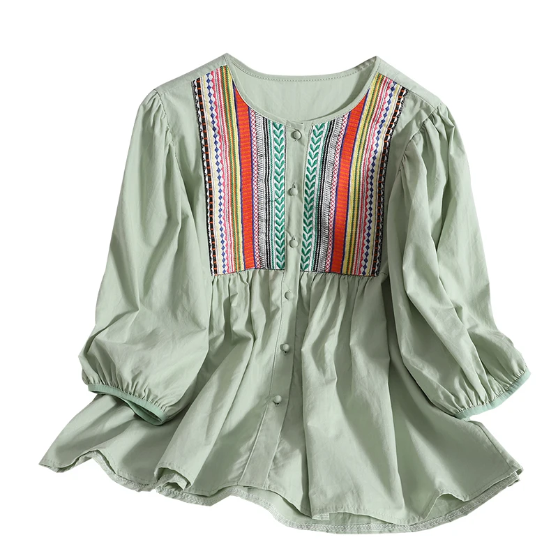 

Fashion color embroidered lace breasted blouse tops shirt spring summer new casual vintage puff sleeve shirt women blouse tops