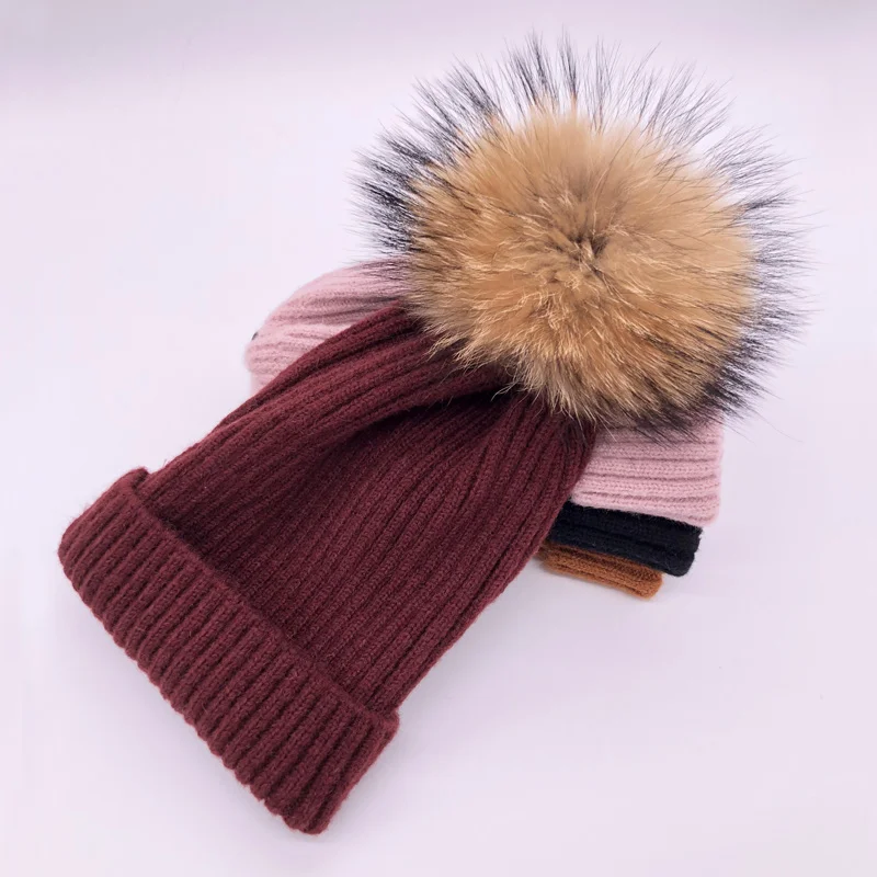 wine red Raccoon fur Зимняя Весенняя вязаная шерстяная шапка Skullies повседневная женская шапка натуральный помпон из лисьего меха шапки - Цвет: wine red Raccoon fur