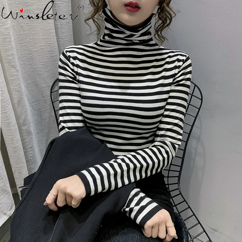 

Женская теплая вязаная водолазка MadBlack, плотный свитер в полоску с воротником «хомут», модель T19012A на зиму