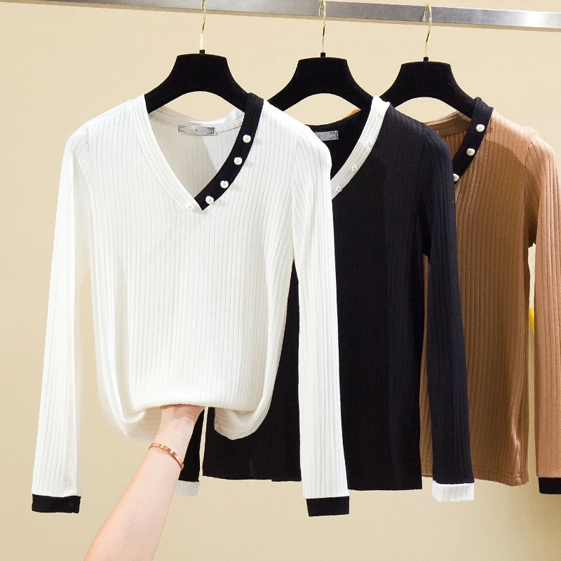 

AOSSVIAO T shirt Women Tops Beading Sexy White Tshirt Women Korean Clothes Long Sleeve Casual Patchwork Tee shirt Femme 2022