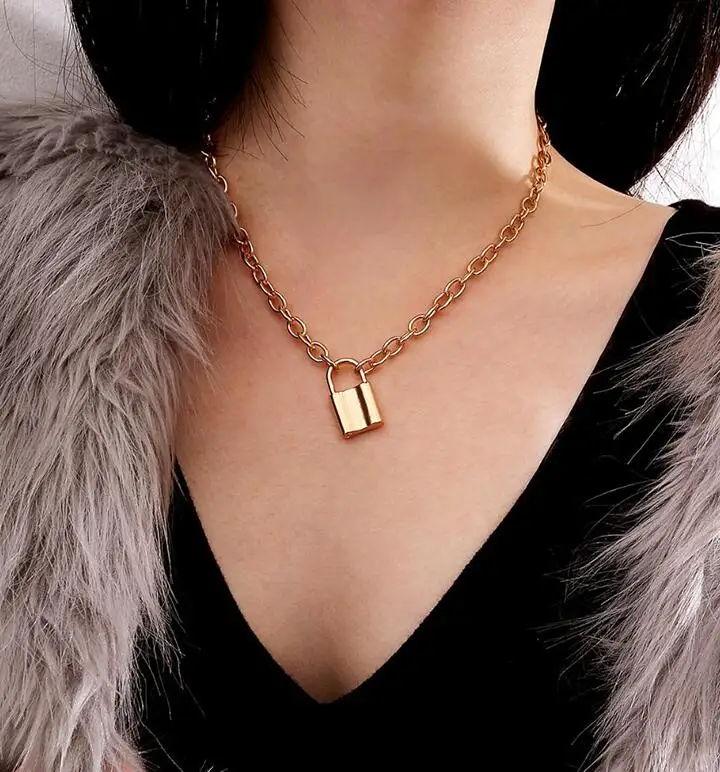 C2181 Vintage Lover's Lock Pendant Choker Necklace Steampunk Clavicle Golden Chain Necklace Collier Valentine's Day Gift - Окраска металла: C2181