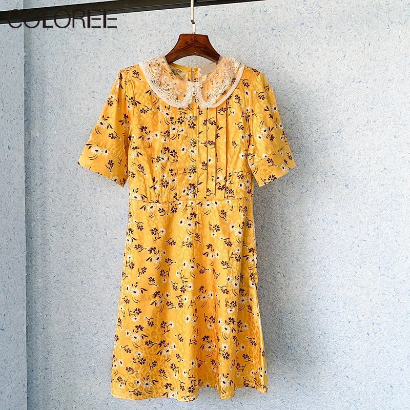 

Chic Yellow Floral Printed Dresses for Women Summer 2023 Vintage Elegant Lace Collar Short Sleeve A-line Mini Dress