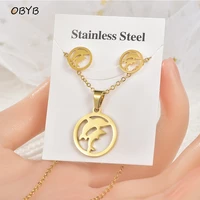 obyb stainless steel gold color dolphin butterfly animal pendant jewelry sets for women punk necklace earrings 2021 trend new