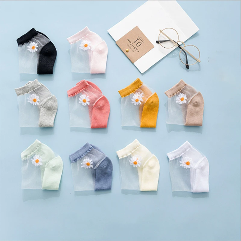 

Носки женские Короткие Прозрачные шелковые с вышивкой «маргаритки»