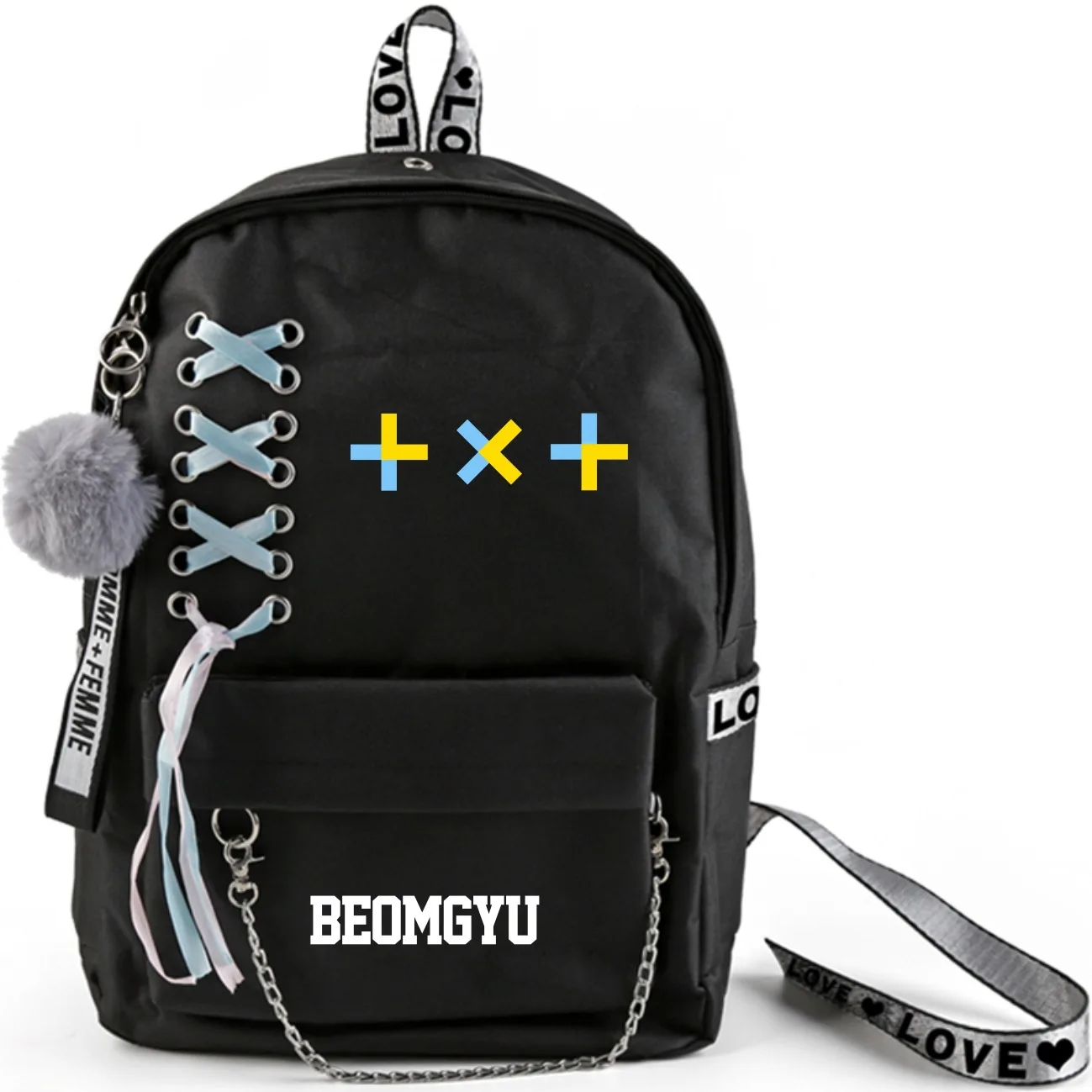 Kpop TXT рюкзак большой емкости школьная сумка с перекрещенной лентой плюшевый шар кулон завтра X вместе дорожная сумка Коллекция вентиляторов - Цвет: Beomgyu