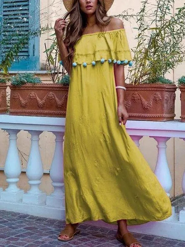 

Solid Color Splicing Dress One Word Neck Open Shoulder Sexy Leisure Long Skirt 2021 Spring and Summer Fashion New Women's Dress