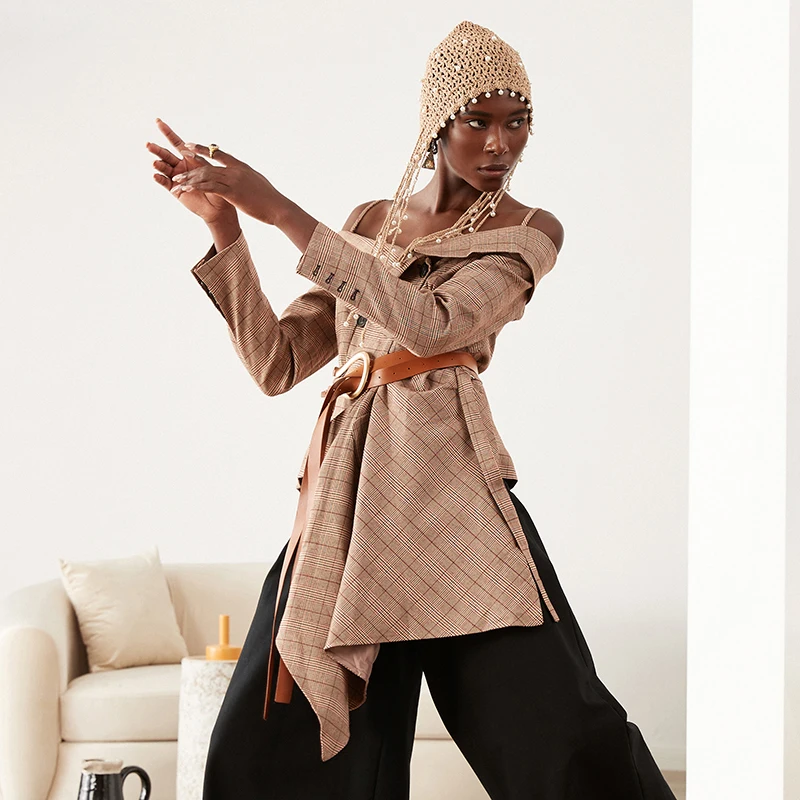 Женский клетчатый Блейзер TWOTWINSTYLE асимметричный блейзер с длинным рукавом и