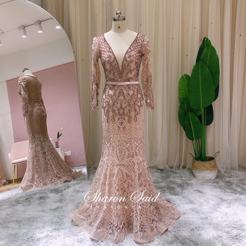 

Элегантные розовые кружевные мусульманские Вечерние платья-русалки для женщин Свадебное платье 2022 Роскошные Кристаллы Дубай арабское офи...