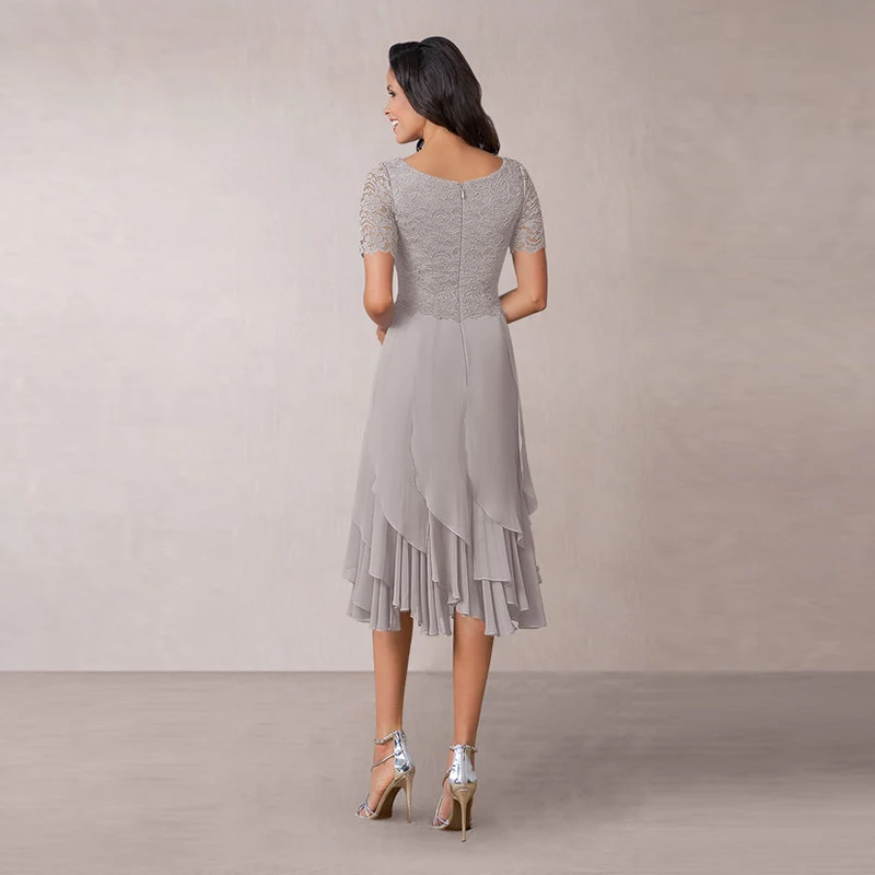 

Silver Mother Of The Bride Dresses A-line Short Sleeves Tea Length Chiffon Lace Short Groom Mother Dresses For Weddings