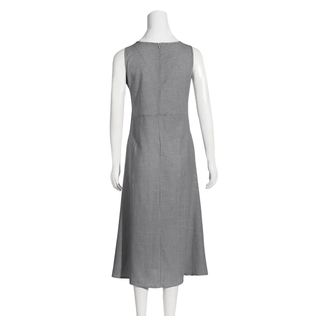 

SAGACE Dropshipping Women Casual Striped Sleeveless Dress Crew Neck Linen Pocket Long Dress Vestido