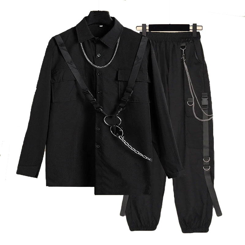 Autumn Spring Unisex 2 Piece Suit Streetwear Harajuku Long-sleeved Chain Blouse+Cargo Pants Handsome Hip Hop Two-Piece Set