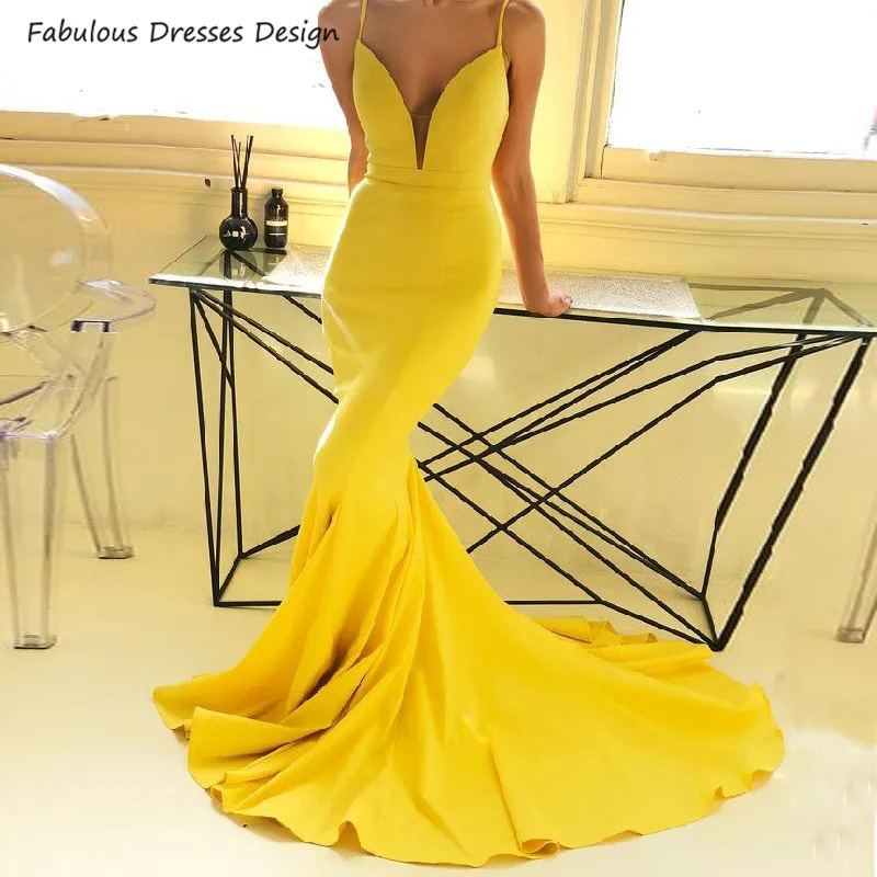 

Женское длинное вечернее платье-русалка, желтое платье на тонких бретельках с V-образным вырезом и открытой спиной, платье для выпускного ве...
