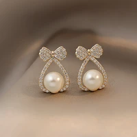 korean fashion exquisite zircon bow pearl drop earrings for women 2021 new elegant jewelry party girl temperament earrings long
