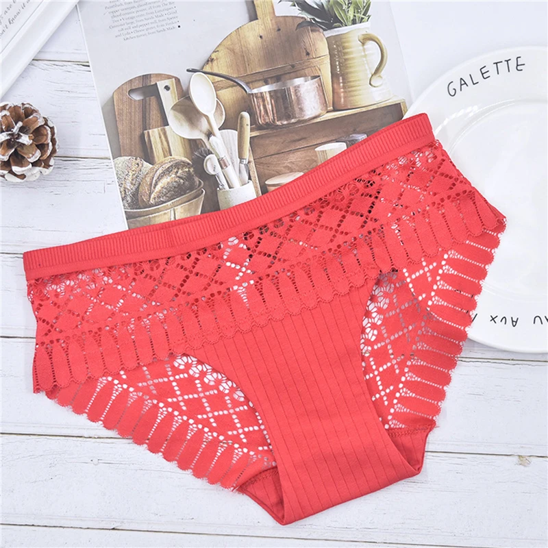 

Women Sexy Lace Lingerie Mid-waist Ladies Hollow Underwear Cotton Breathable Ladies Briefs Solid Color One-size Female Panties