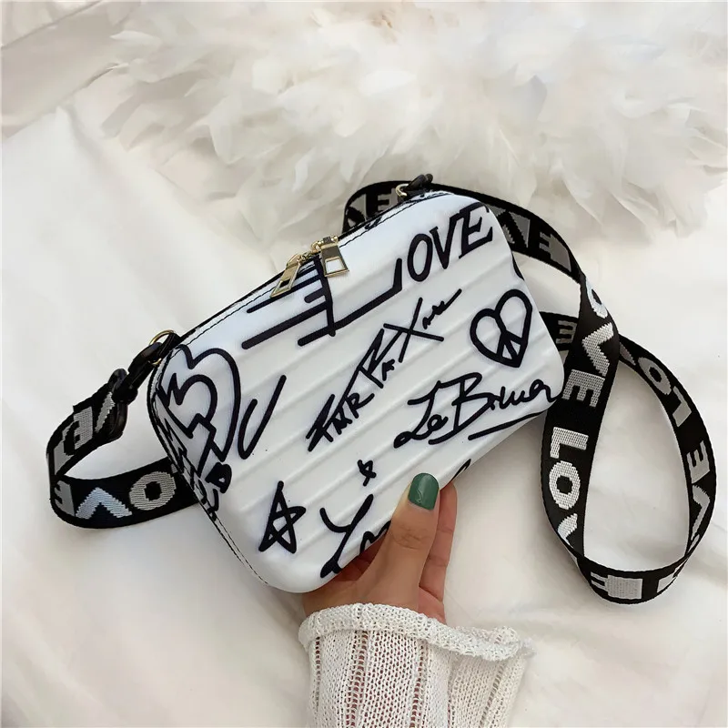 

Women Mini Bag Graffiti Box PU Shouder Bag Wide strap Fashion Letter Zipper Pures And Bags Crossbody Euro-America style