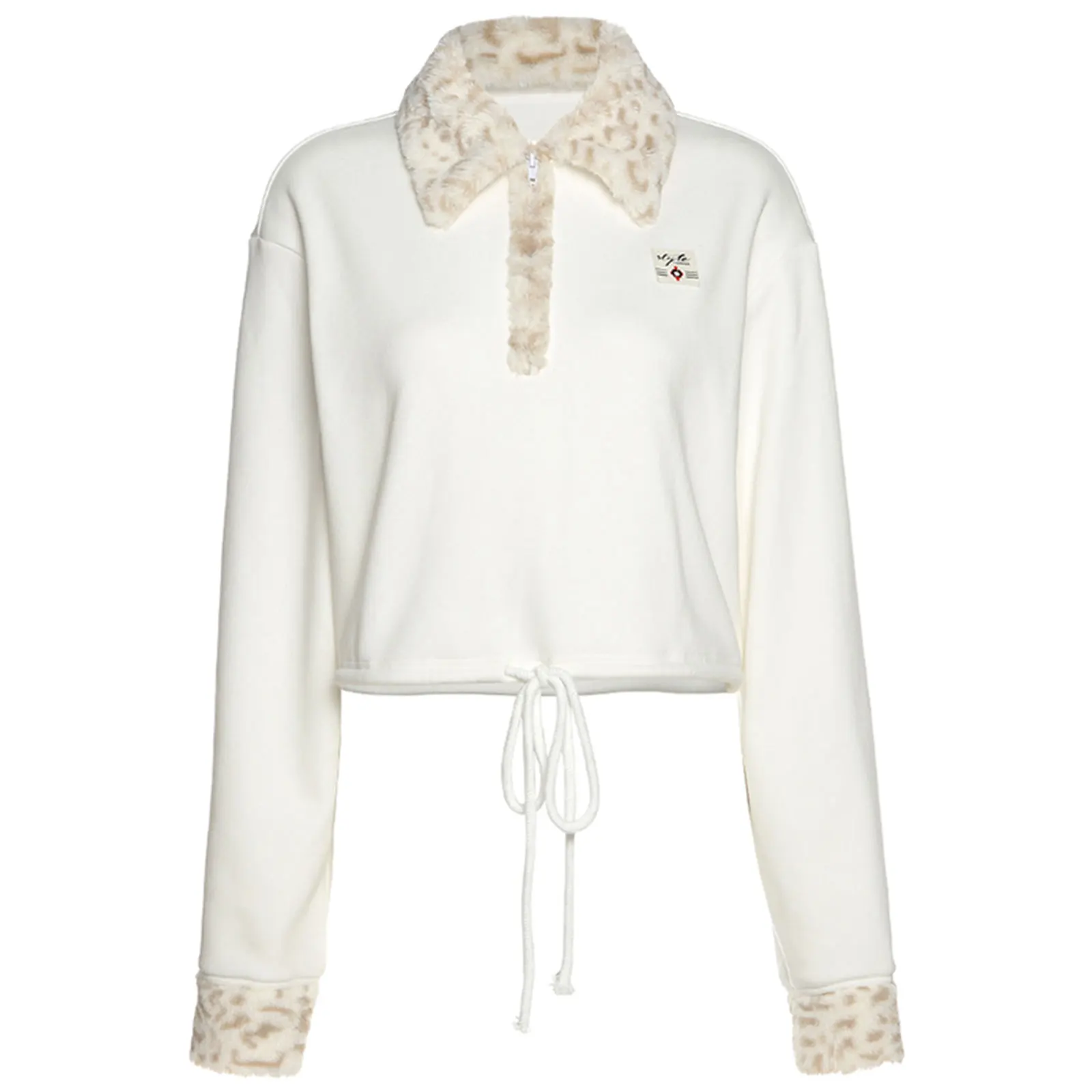 

Women's Drawstring Crop Tops, Trendy Long Sleeve Half Zip Faux Fur Lapel Cuffs Sweatshirts