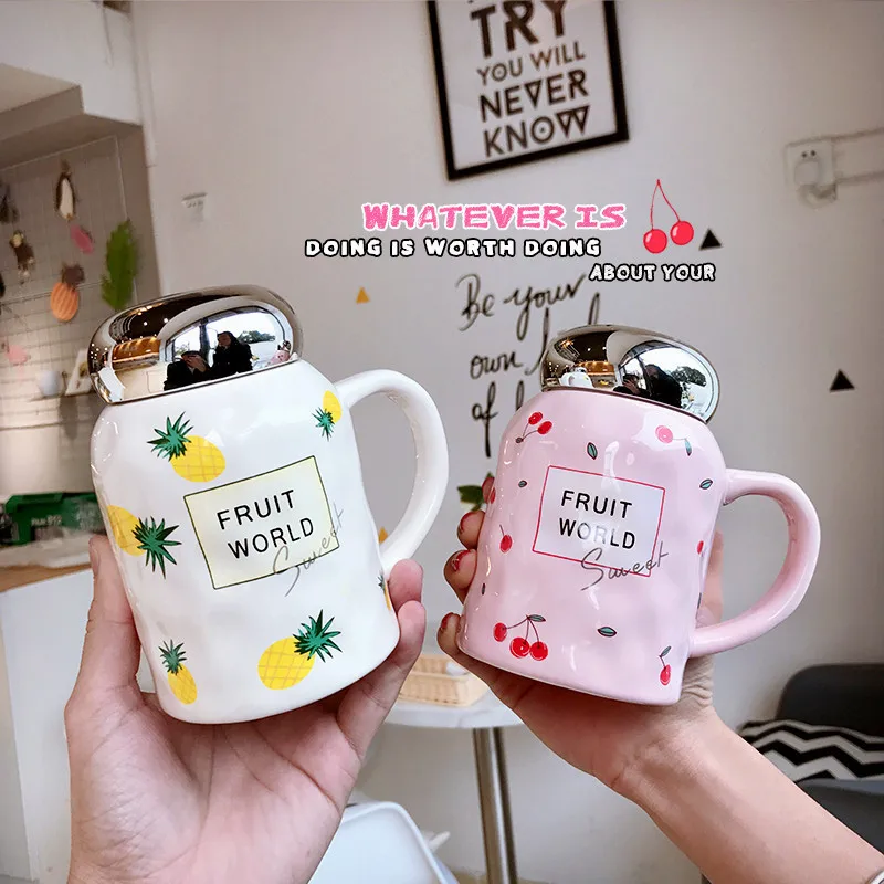 

Milk Mugs Coffee Ceramic Cups Cute Fruit Printed Lid High Temperature Resistance Office Milk Drink Cup Outdoor Travel Portable