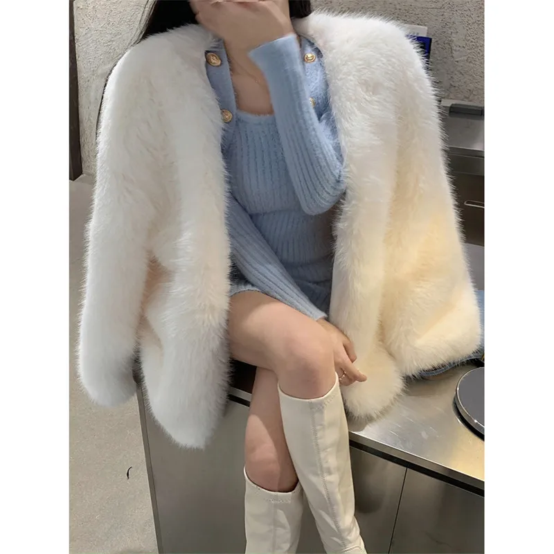 Winter New Retro Korean Version Mid-length Imitation Fur Coat Women Fashion Atmospheric Plush Warm Tops Temperament Coat LR2300