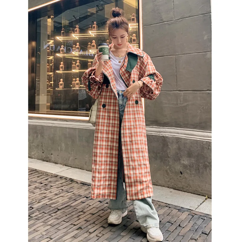 

Plaid Stitching Colour Matching Trench Female Coat Women Mid-length 2020 Autumn Loose Knee-length Temperamental England Style