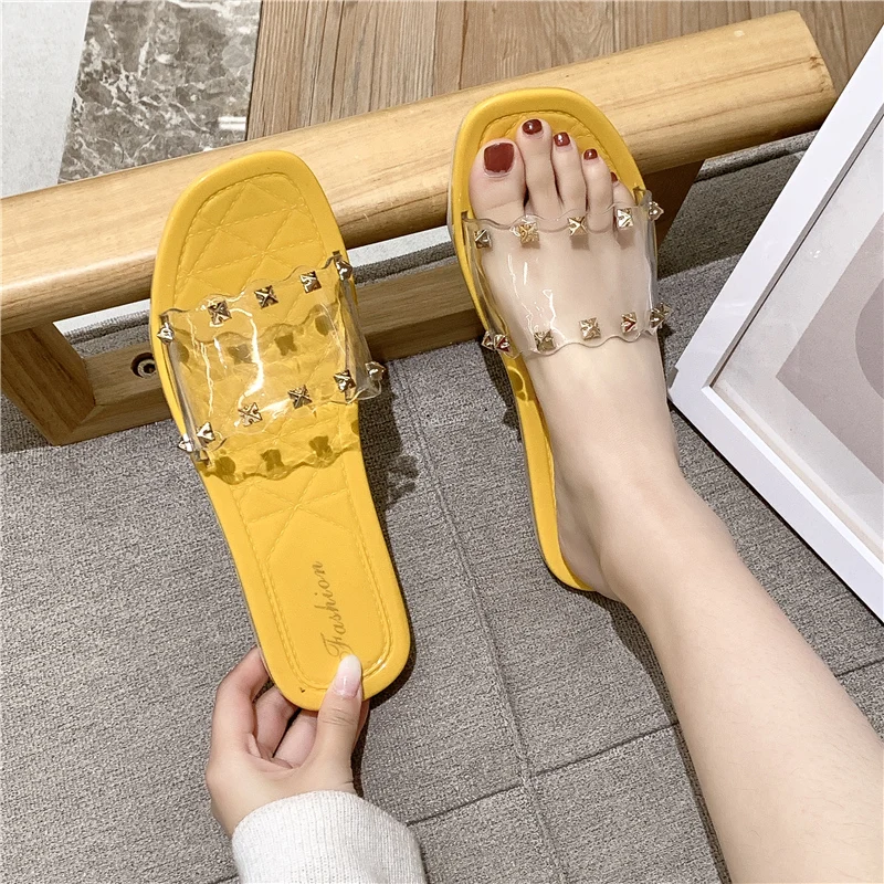 Модные женские шлепанцы на плоской подошве весенняя обувь из ПВХ для платьев и