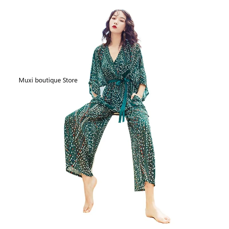 

Bohemian chiffon green women jumpsuit casual floral loosen wide-leg playsuit holiday beach V-neck lace up jumpsuit plus size